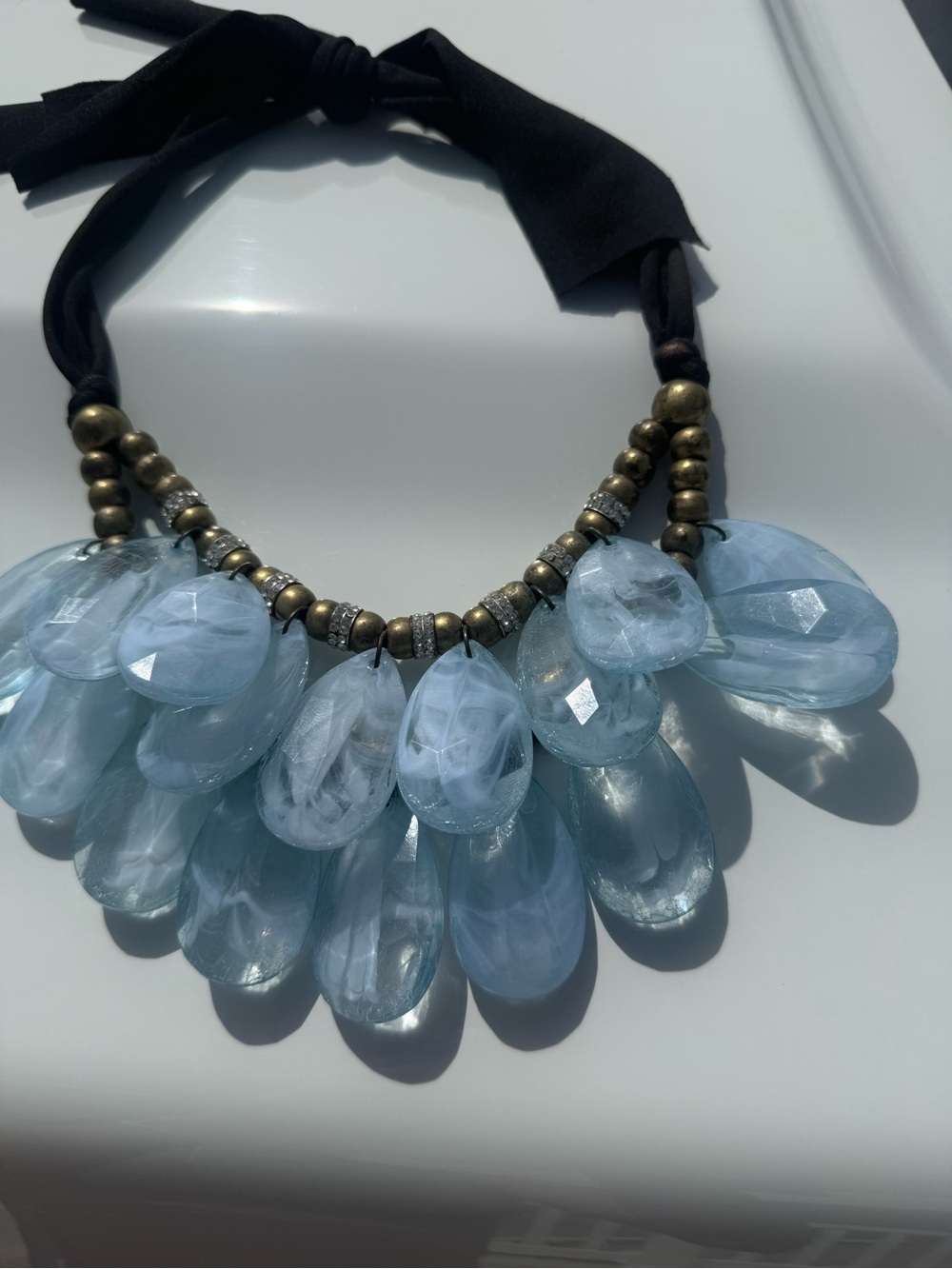 Anthropologie Light Blue Teardrop Bib Statement Necklace with Antique Gold Beads